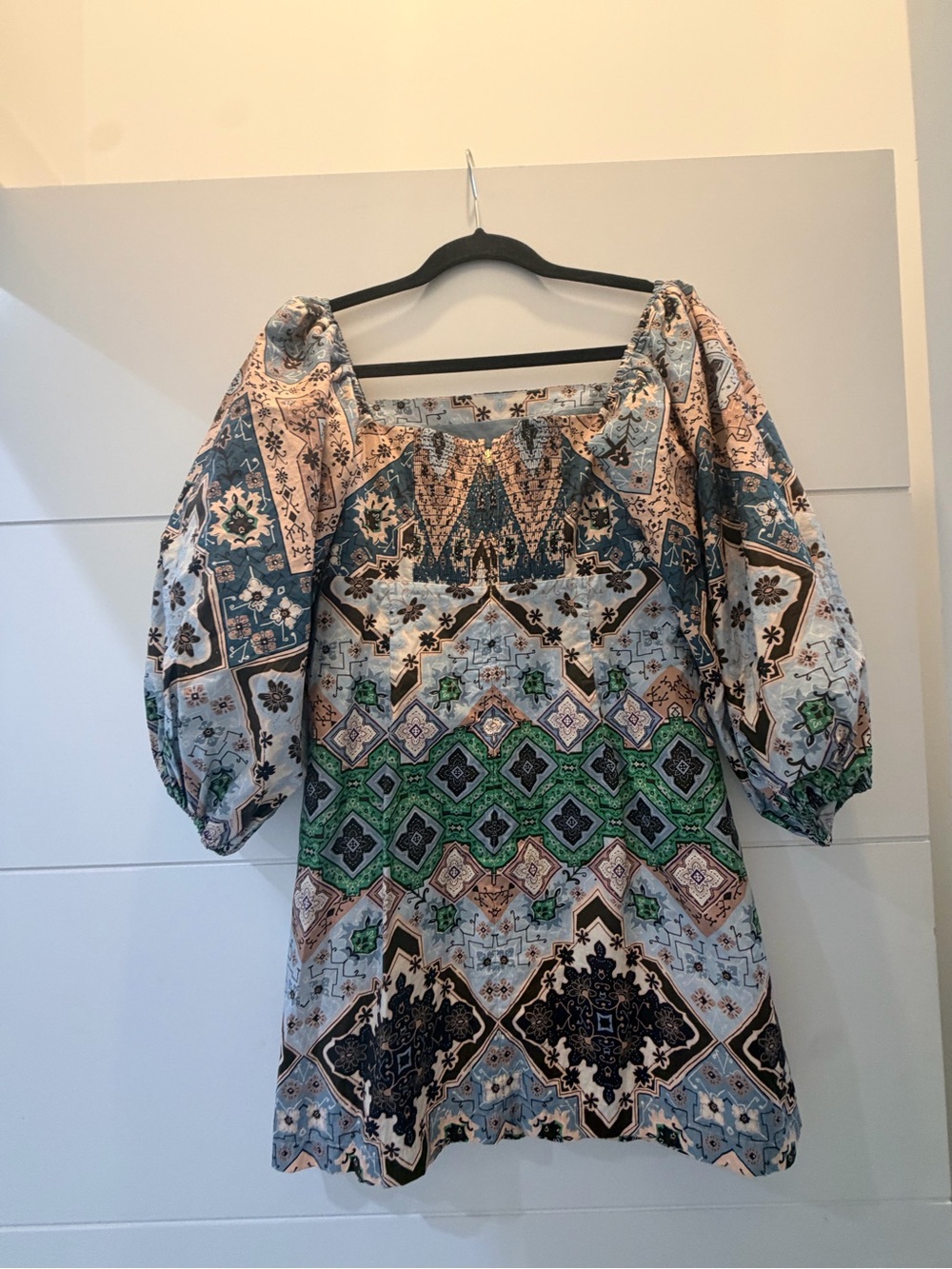 Boho Patchwork Print Puff Sleeve Dress - Blue, Green, Peach - Picture 2 of 3